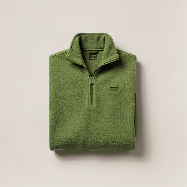 Summit Fleece Pullover in Moss — quarter-zip fleece pullover, folded on a light grey backdrop