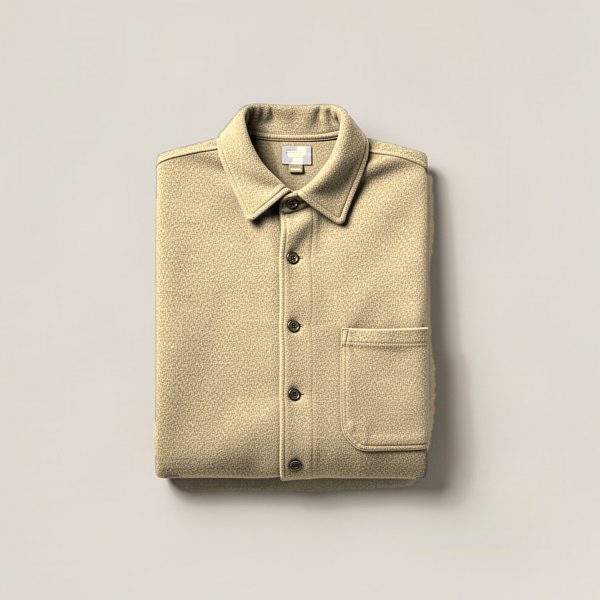 Tamarack Flannel Shirt in Sand — button-up flannel shirt, folded on a light grey backdrop