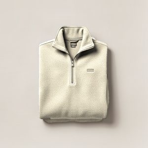 Tamarack Fleece Pullover in Cream — quarter-zip fleece pullover, folded on a light grey backdrop