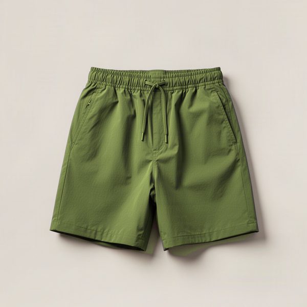 Tamarack Trail Short in Moss — lightweight trail shorts with an elastic drawcord waist, folded on a light grey backdrop