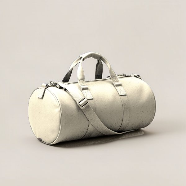 Trailhead Duffel in Cream — cylindrical duffel bag with carry handles and a shoulder strap on a light grey backdrop
