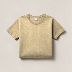 Trailhead Field Tee in Sand — crew-neck cotton t-shirt, folded on a light grey backdrop