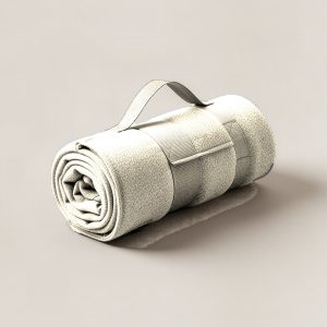 Trailhead Stadium Blanket in Cream — compact stadium blanket, rolled with a carry strap on a light grey backdrop