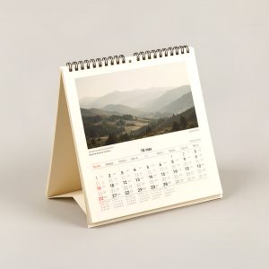 Trailhead Wall Calendar — spiral-bound calendar with a landscape photograph, standing upright on a light grey backdrop
