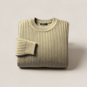 Trailhead Watch Sweater in Sand — chunky ribbed-knit crew-neck sweater, folded on a light grey backdrop