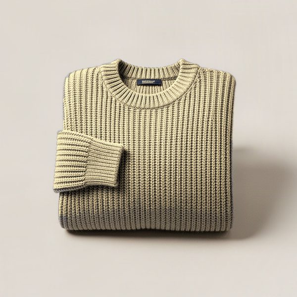 Trailhead Watch Sweater in Sand — chunky ribbed-knit crew-neck sweater, folded on a light grey backdrop