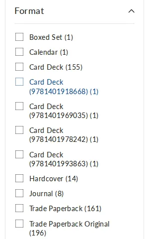 Format filter showing Card Deck with four ISBN-suffixed values, Trade Paperback and Trade Paperback Original