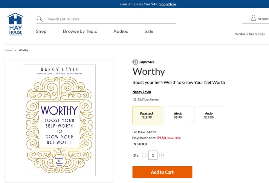 hayhouse.com product page for Worthy: list price $18.99, HayHouse.com price $9.50, save 50%