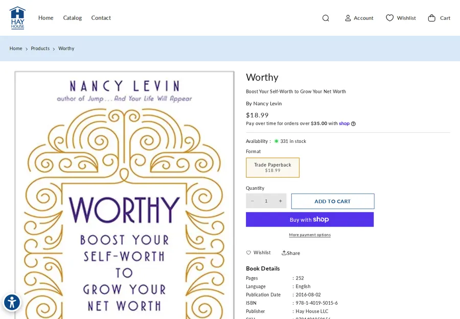 shop.hayhouse.com product page for Worthy at $18.99 with ISBN 978-1-4019-5015-6 in Book Details