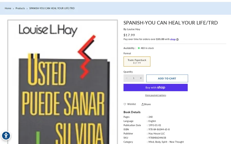 Product page titled SPANISH-YOU CAN HEAL YOUR LIFE/TRD with a blurry cover and Language: English