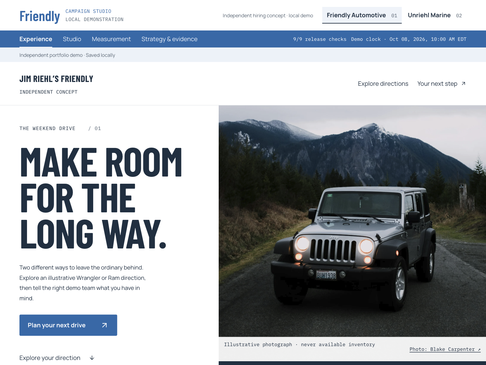 Friendly Automotive campaign landing page — bold headline 'Make room for the long way' over vehicle photography