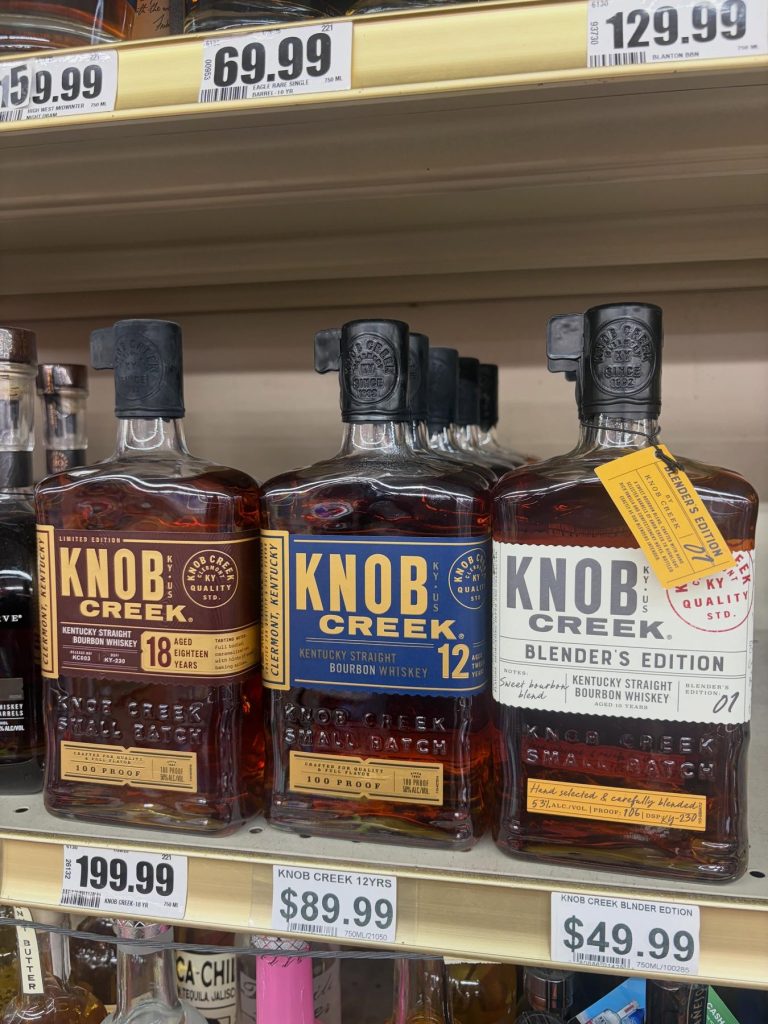 Knob Creek 18, 12 and Blender's Edition on the shelf