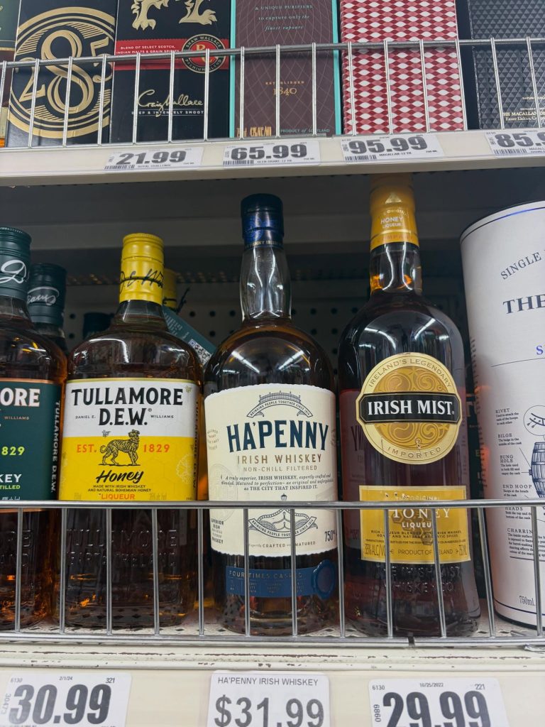 Tullamore D.E.W. and other Irish whiskeys on the shelf