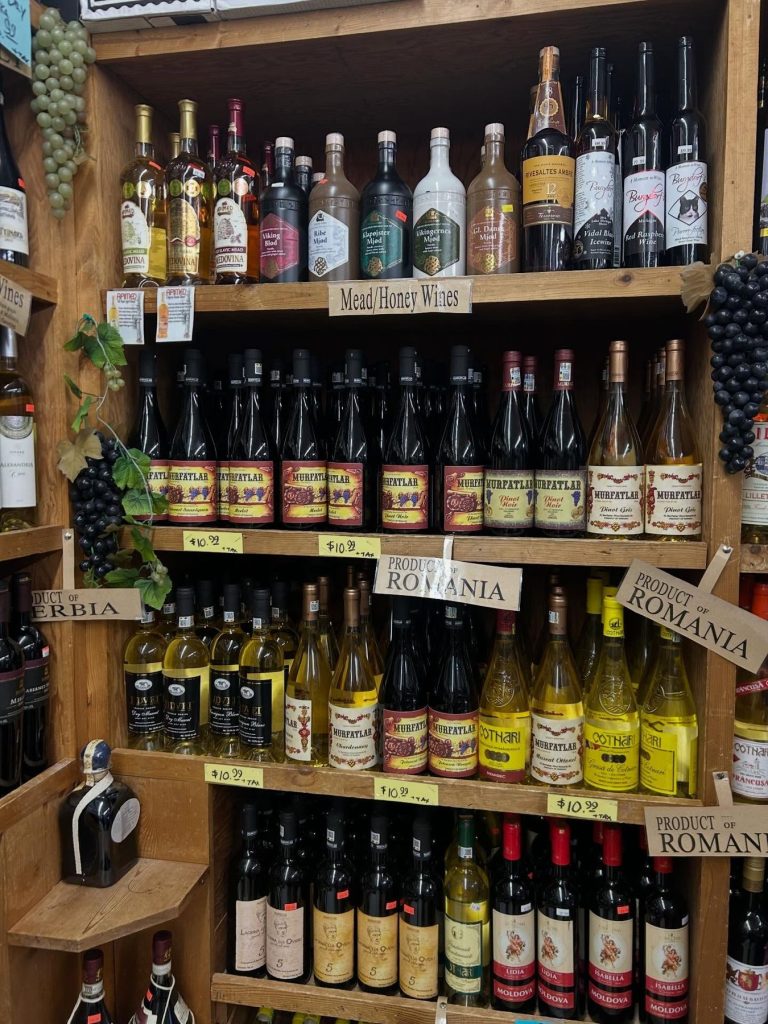 Wine wall with mead and honey wines and Romanian bottles