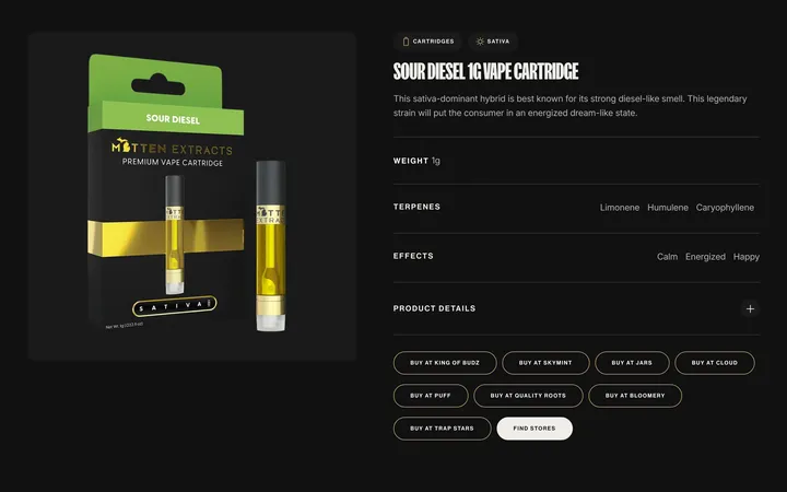 Screenshot of the mittenextracts.com Sour Diesel 1g product page on Oct 25, 2026: product image, weight, terpenes and effects, then eight Buy at buttons.