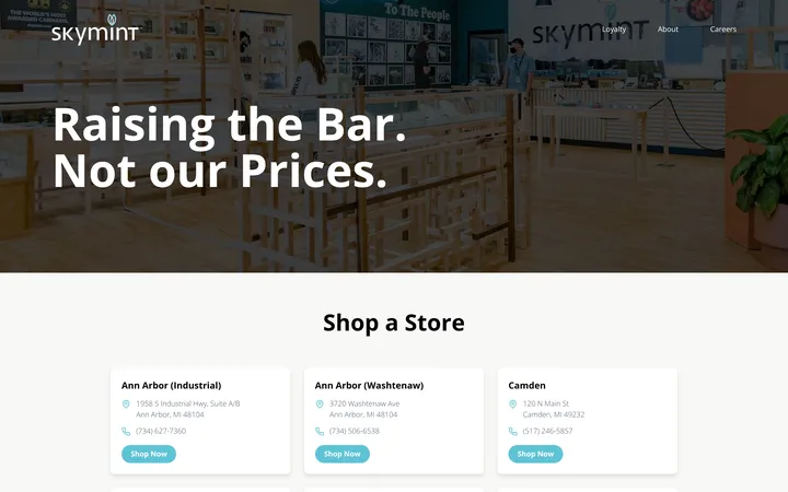Screenshot of skymint.com on Oct 25, 2026: the homepage banner and a Shop a Store list, with no mention of the product.