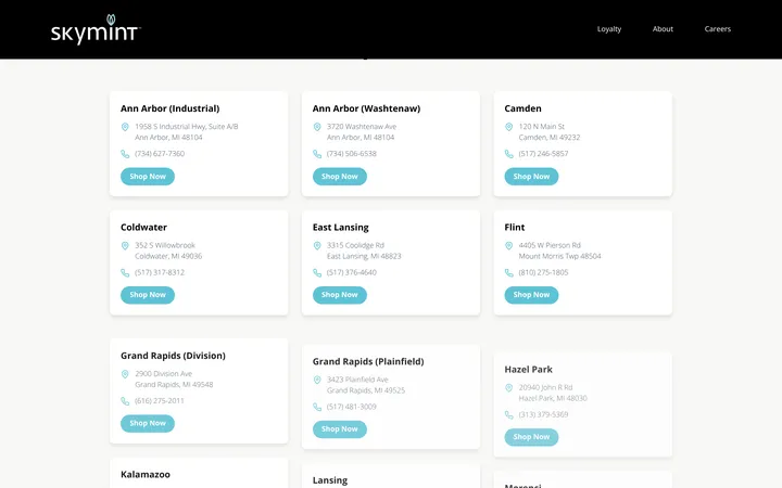 Screenshot of the skymint.com store list on Oct 25, 2026: a grid of Michigan store cards, each with a Shop Now button.