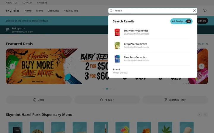 Screenshot of the Skymint Hazel Park menu on Oct 25, 2026: Mitten typed in the search box, with a drop-down of suggested products.