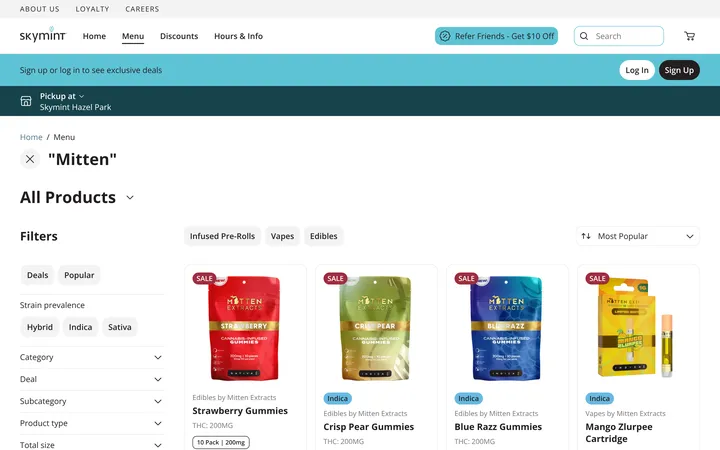 Screenshot of Skymint Hazel Park search results for Mitten on Oct 25, 2026: a product grid led by gummies, with filters on the left.
