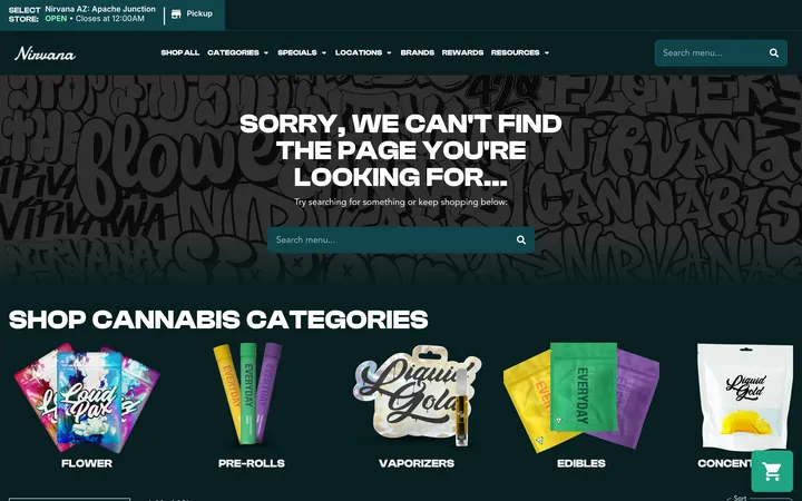 Screenshot of the nirvanacannabis.com product page for Mitten Sour Diesel 1g on Oct 25, 2026: the page reads Sorry, we can't find the page you're looking for.