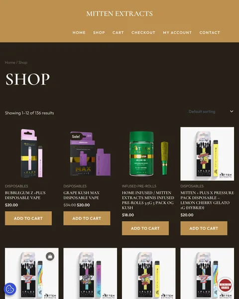 Screenshot of mittenextractstore.com shop page on Oct 25, 2026 showing the Mitten Extracts name in the header, a count of 136 results, product photos, prices and Add to cart buttons.