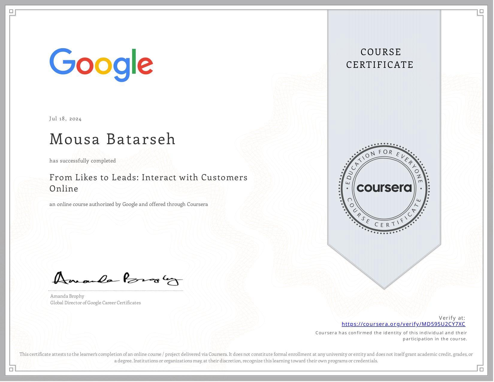 From Likes to Leads: Interact with Customers Online certificate for Mousa Batarseh