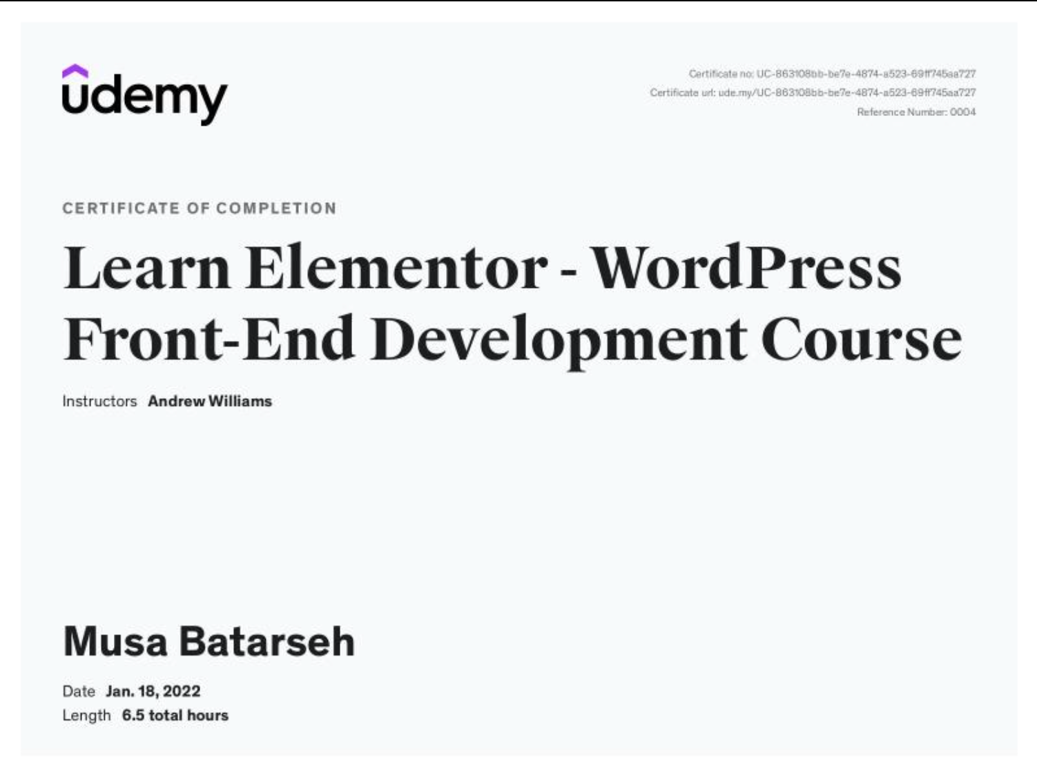 Learn Elementor Udemy certificate for Mousa Batarseh