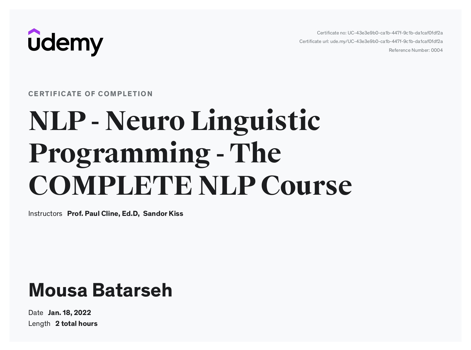 NLP Neuro Linguistic Programming certificate for Mousa Batarseh