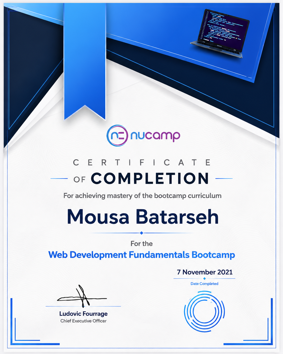 Nucamp Web Development Fundamentals certificate for Mousa Batarseh
