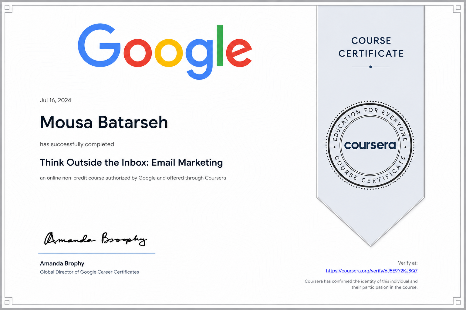 Think Outside the Inbox certificate for Mousa Batarseh