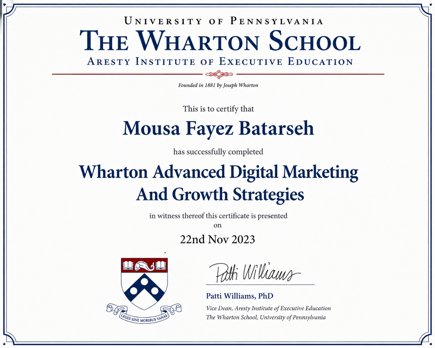 Wharton Advanced Digital Marketing and Growth Strategies certificate for Mousa Batarseh