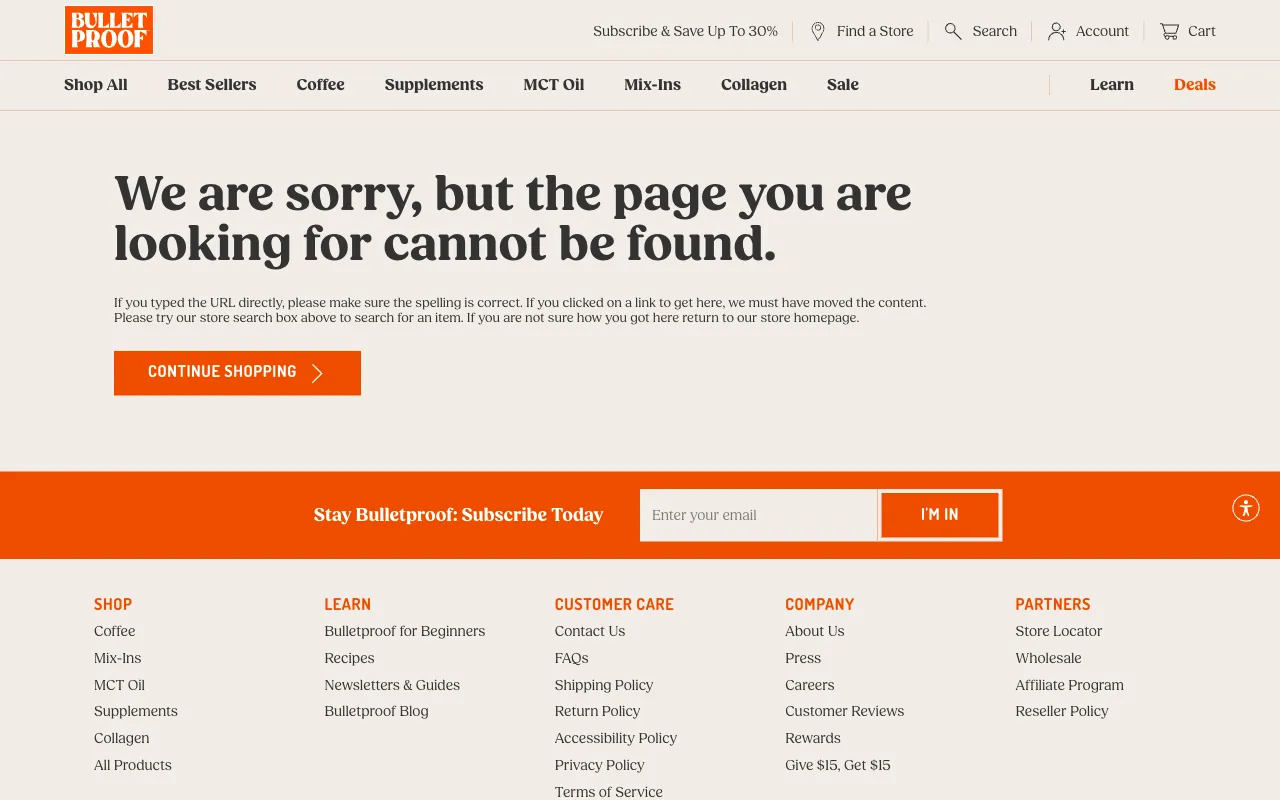 bulletproof.com product URL for Collagen Protein 14.3 oz showing the store's 404 page