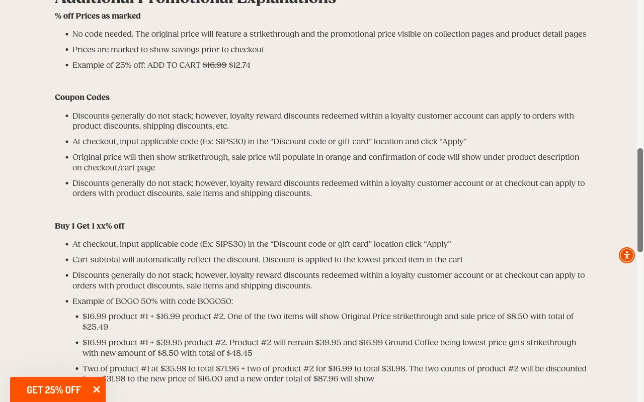 Coupon Restrictions FAQ: Buy 1 Get 1 section with BOGO50 code and three worked examples