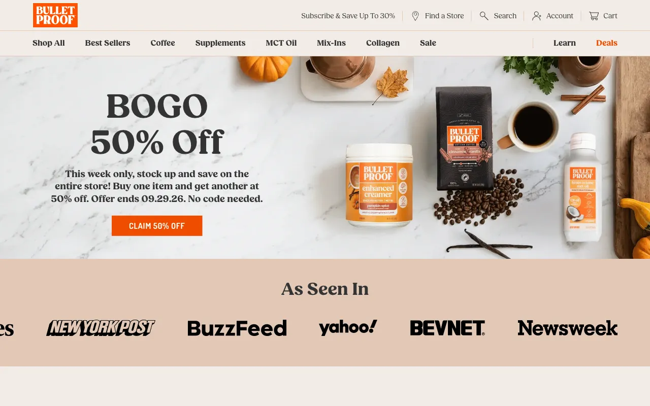 bulletproof.com homepage banner: BOGO 50% off, offer ends 09.29.26, no code needed