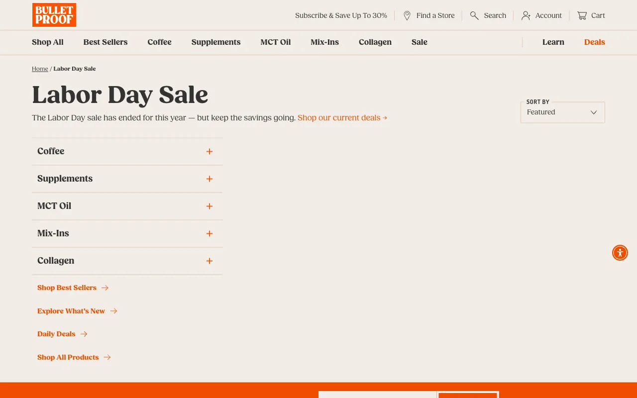 Labor Day Sale collection page: ended message, filter list and an empty product grid