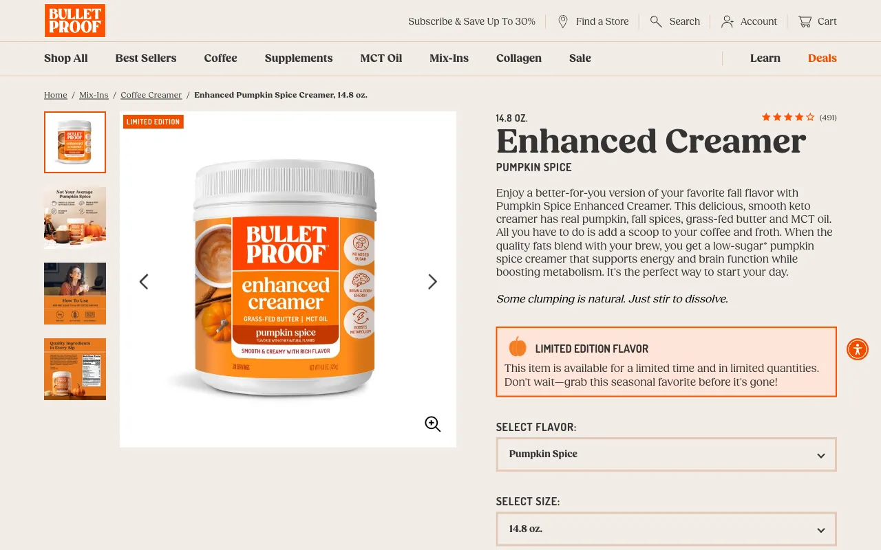 Enhanced Creamer Pumpkin Spice product page on bulletproof.com, labeled Limited Edition, 491 reviews