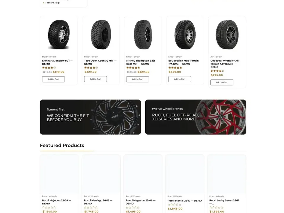 American Hot Wheel storefront with tire products, fitment banners and featured products
