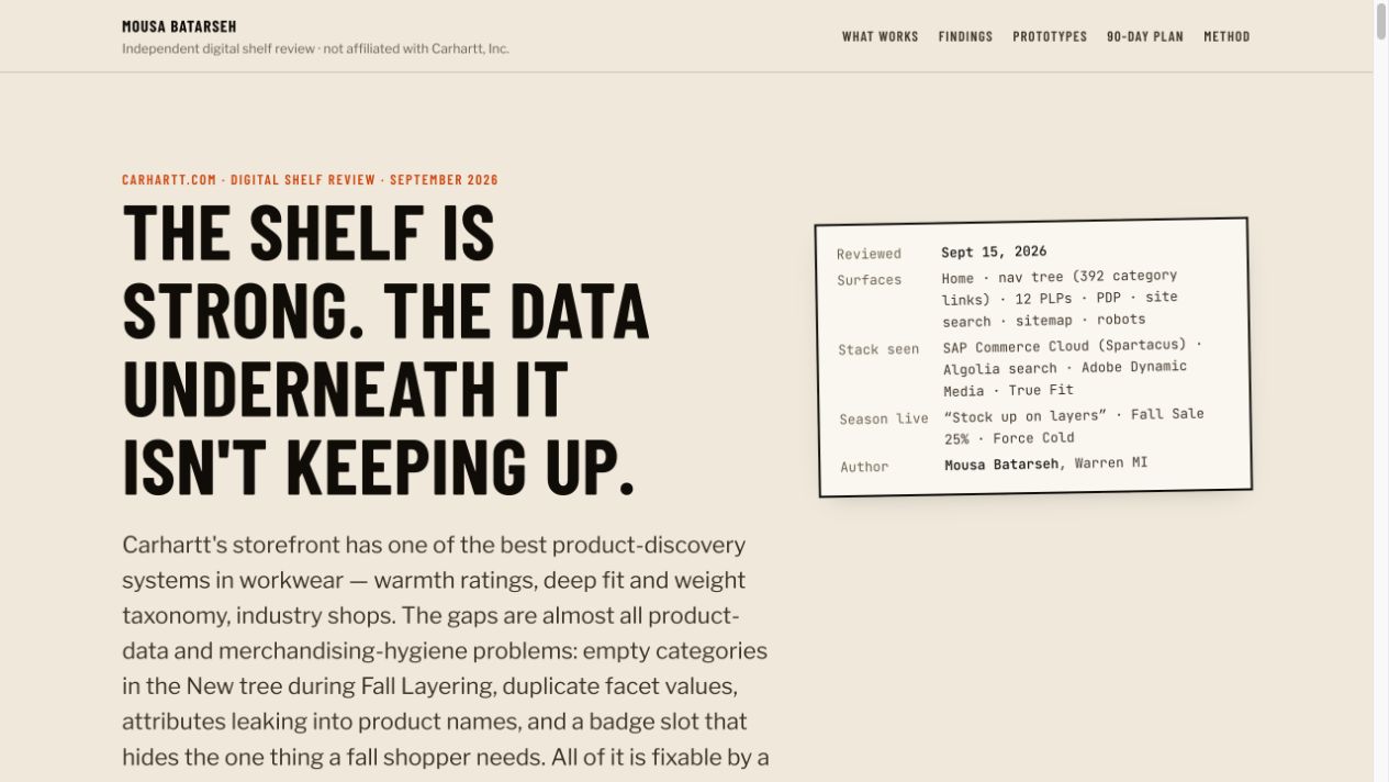 Carhartt digital shelf review showing product-data and merchandising findings