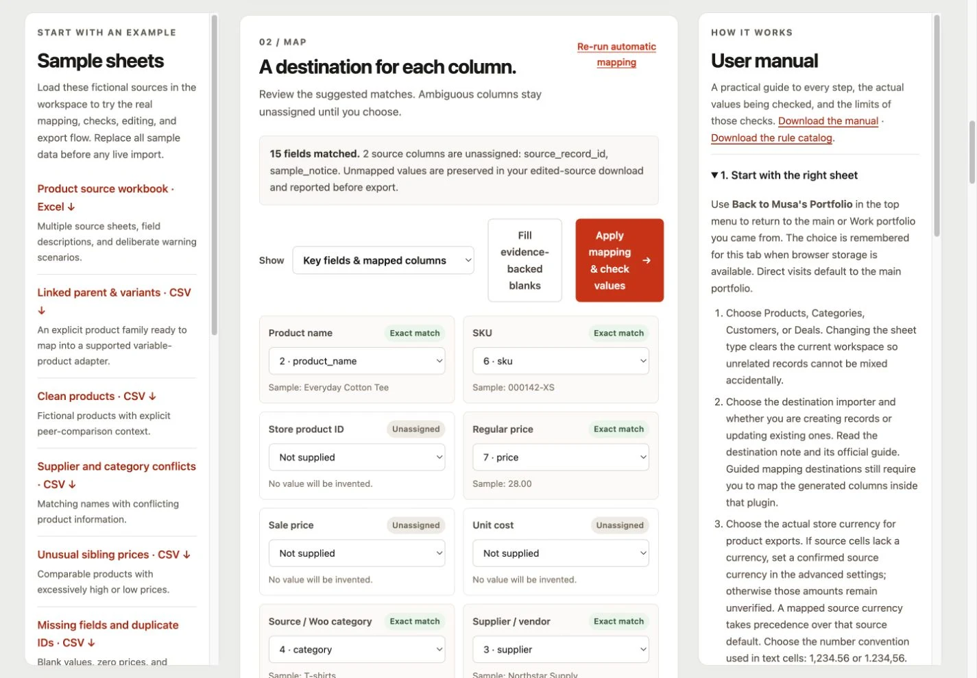 CSV Mapper workspace for mapping supplier columns and reviewing prepared product records