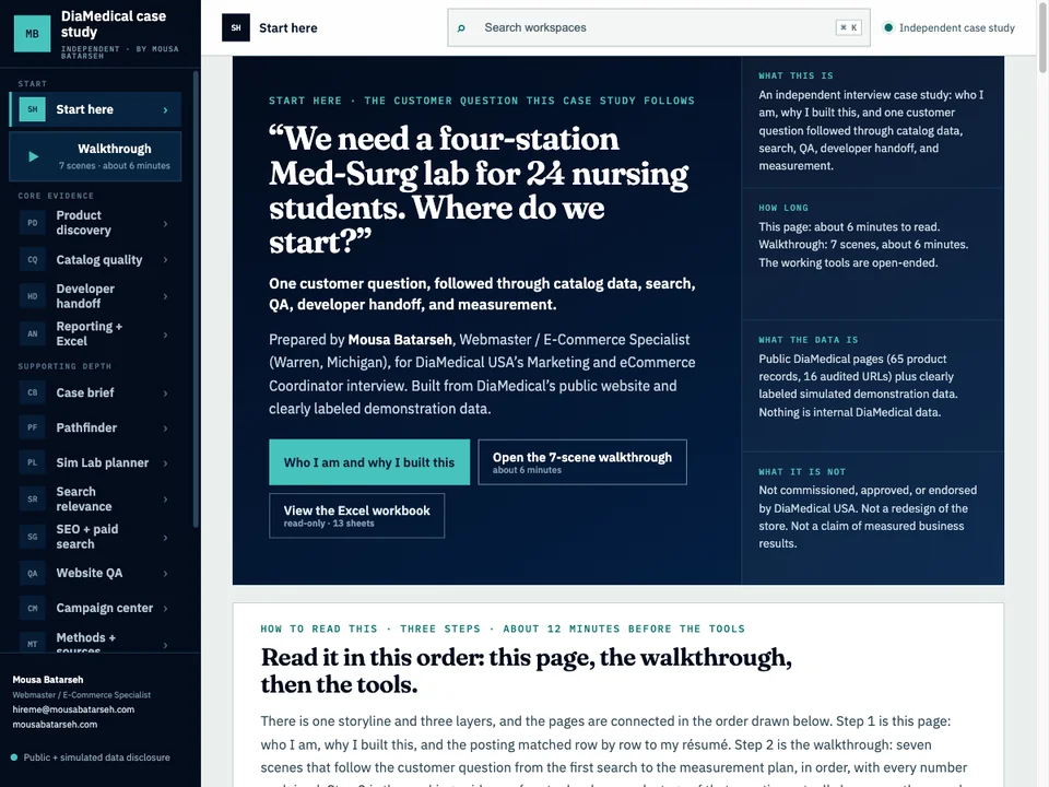DiaMedical case-study workspace introducing the customer question and its discovery, catalog, and reporting tools