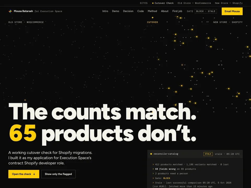 Cutover Check page comparing old and new store product counts before a Shopify migration