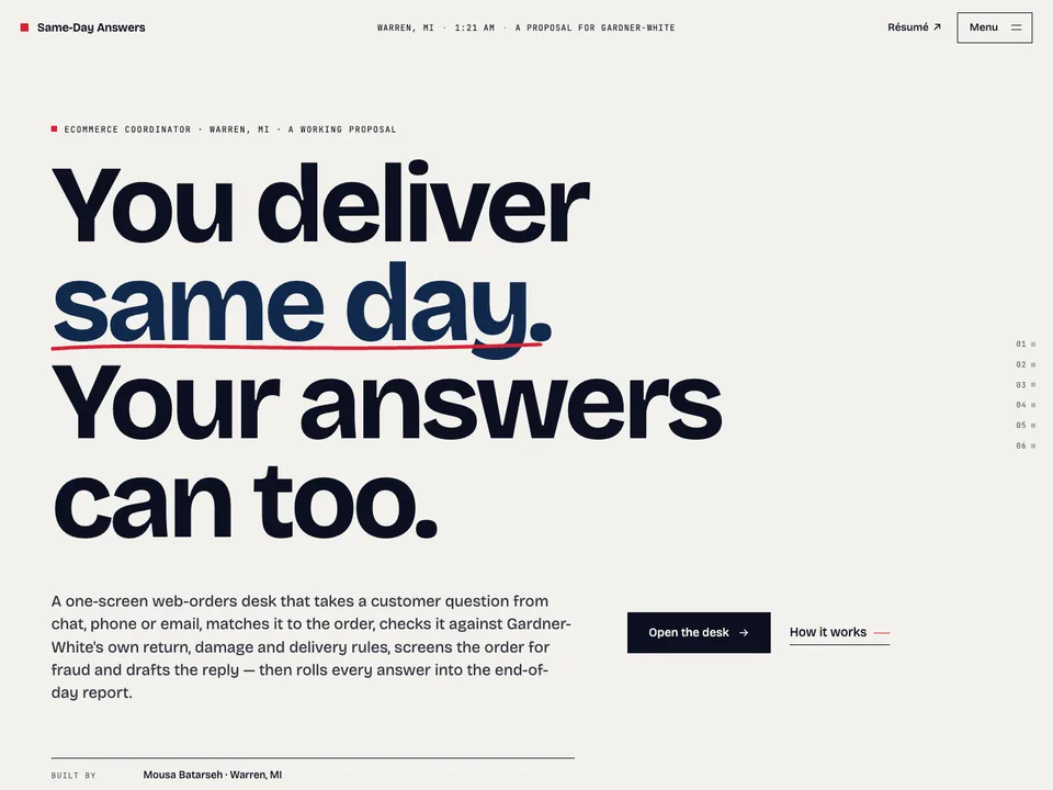 Same-Day Answers proposal for an e-commerce web-orders desk