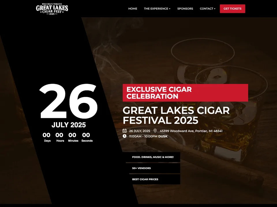 Great Lakes Cigar Festival 2025 homepage with the event date, countdown and ticket link