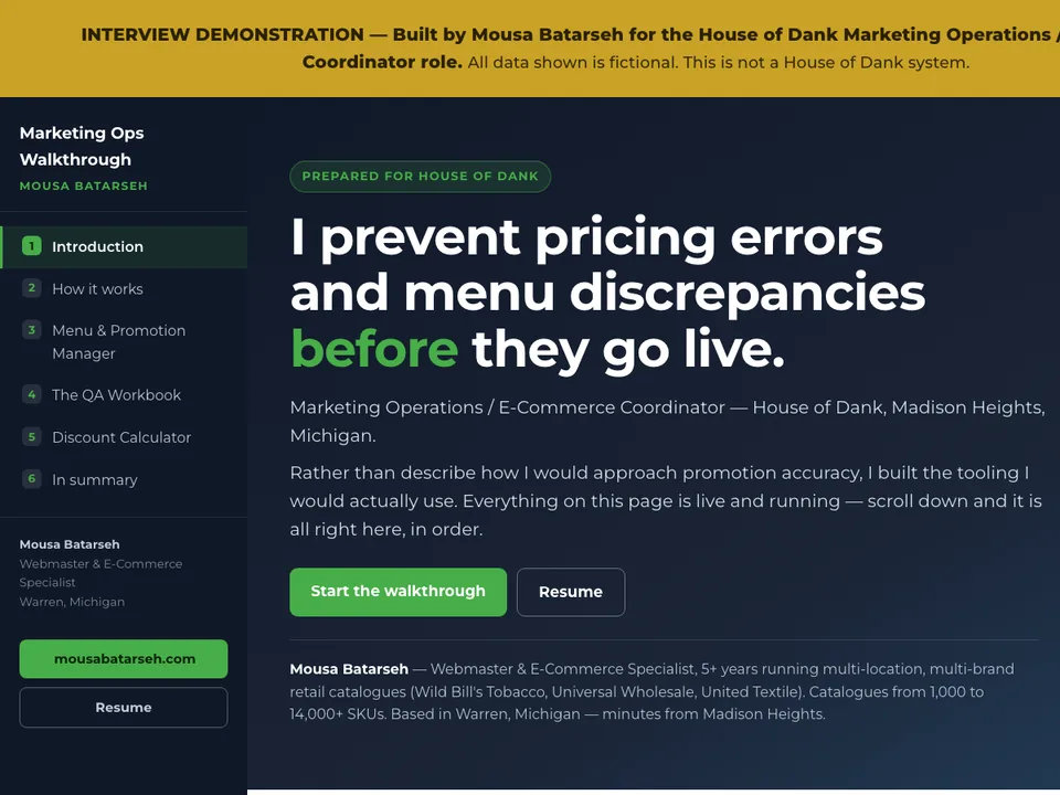 House of Dank marketing-operations walkthrough opening on promotion accuracy, with a six-step menu