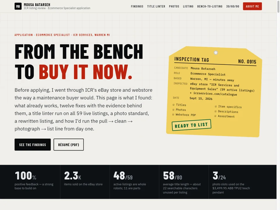 ICR Services listing review introducing the bench-to-listing workflow with an inspection tag