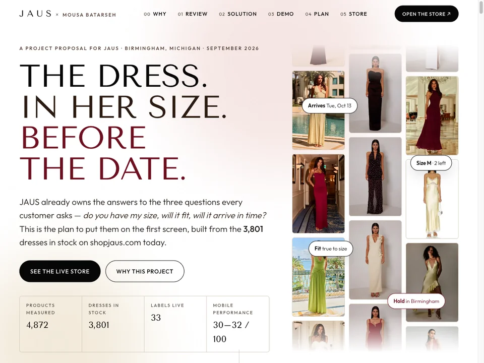 JAUS Event-Ready proposal showing occasion dresses with size, fit, and arrival details