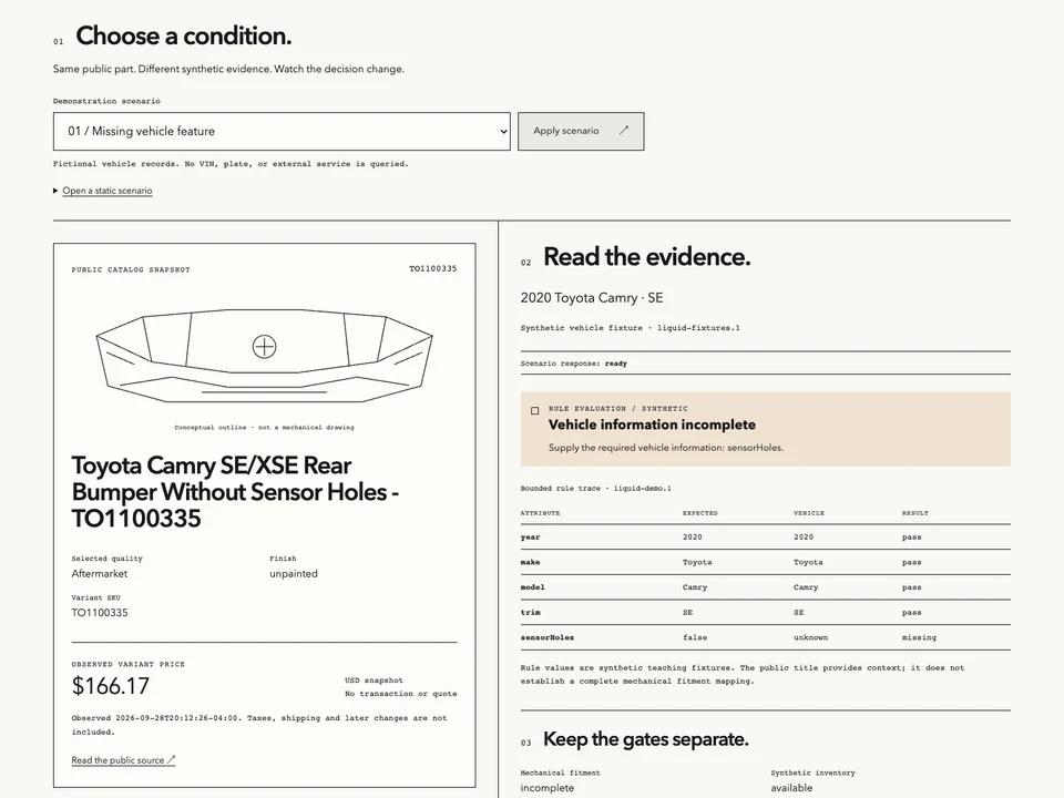 Partify proposal comparing a public parts listing with vehicle-fitment evidence