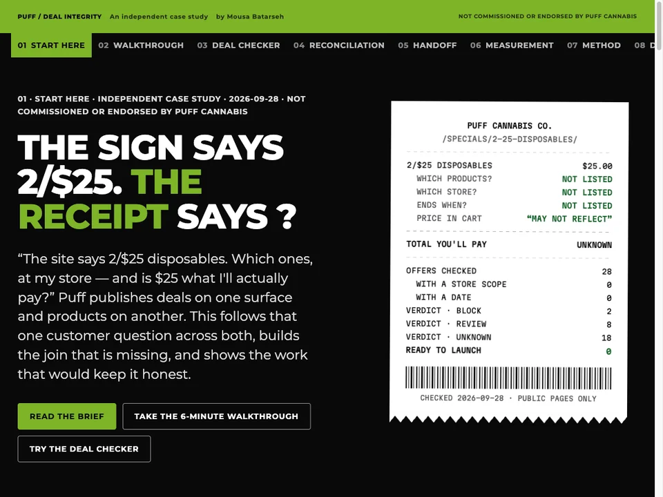 Puff Cannabis deal-integrity review showing the customer’s pricing question and an offer receipt