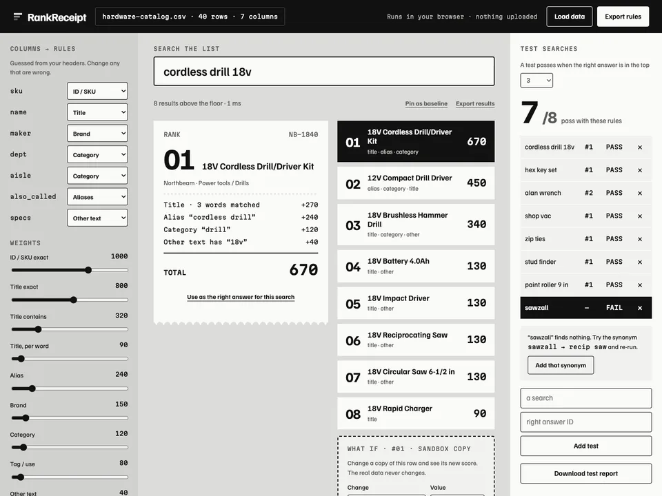 RankReceipt search workspace with ranking rules and the scores behind search results