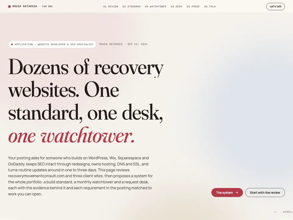 RMC Portfolio Operations proposal for managing a group of recovery websites to one standard